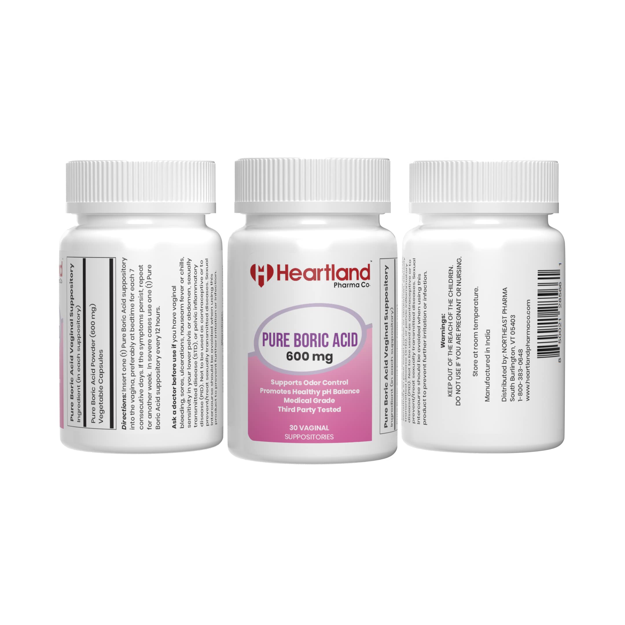 Heartland Pharma Boric Acid Vaginal Suppositories - Feminine Care - 100% Pure Boric Acid - (30 ct)(2 Pack)